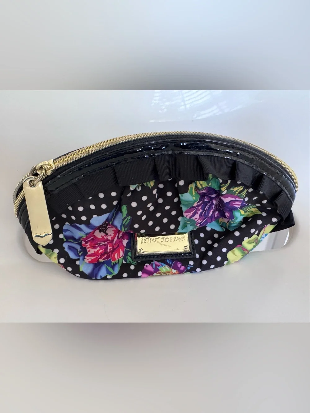 Betsey Johnson Floral Polka Dot Ruffle Cosmetic Makeup Bag Travel Zip Pouch Case